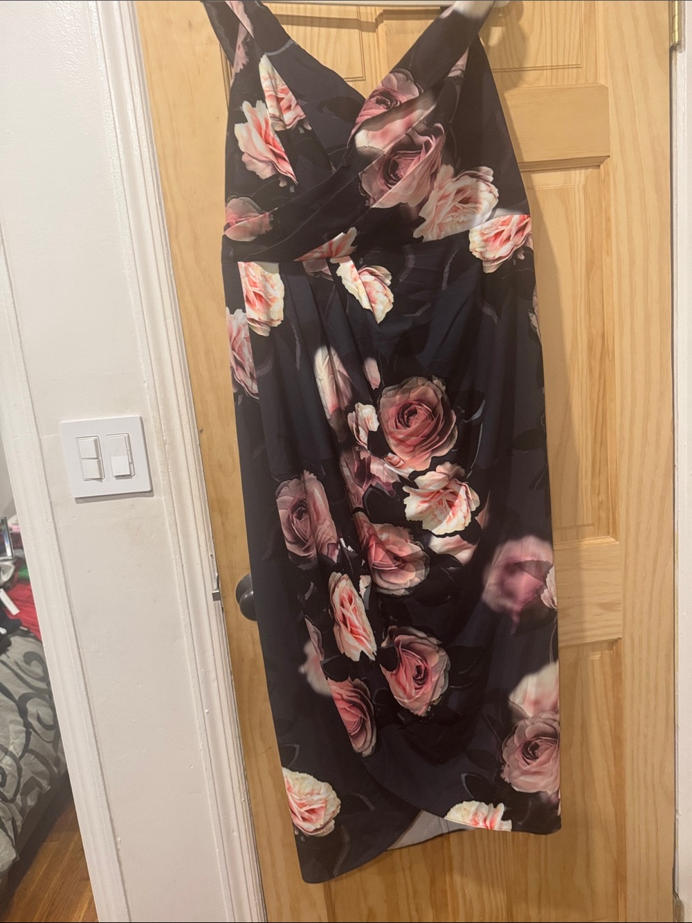 City Chic Black Midi Dress with Blush Rose Print